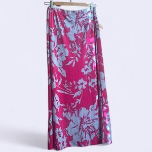 Vibrant Fuchsia Maxi Skirt W/ Elastic Waistband & Periwinkle Floral Print